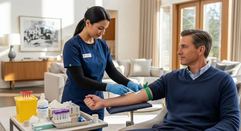 Licensed phlebotomist performing blood draw at patient's home
